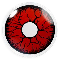Das Produktfoto zeigt unsere Crazy rote Farbige Kontaktlinse Metatron in einem echten Auge
