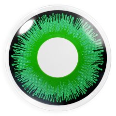 Das Produktfoto zeigt unsere Crazy grüne Farbige Kontaktlinse Shining in einem echten Auge