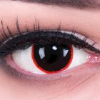Das Produktfoto zeigt unsere Crazy schwarze Farbige Kontaktlinse Exorcism in einem echten Auge