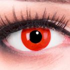 Das Produktfoto zeigt unsere Crazy rote Farbige Kontaktlinse Red Devil in einem echten Auge