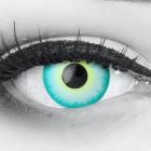 Das Produktfoto zeigt unsere Crazy blaue Farbige Kontaktlinse Green Elf in einem echten Auge