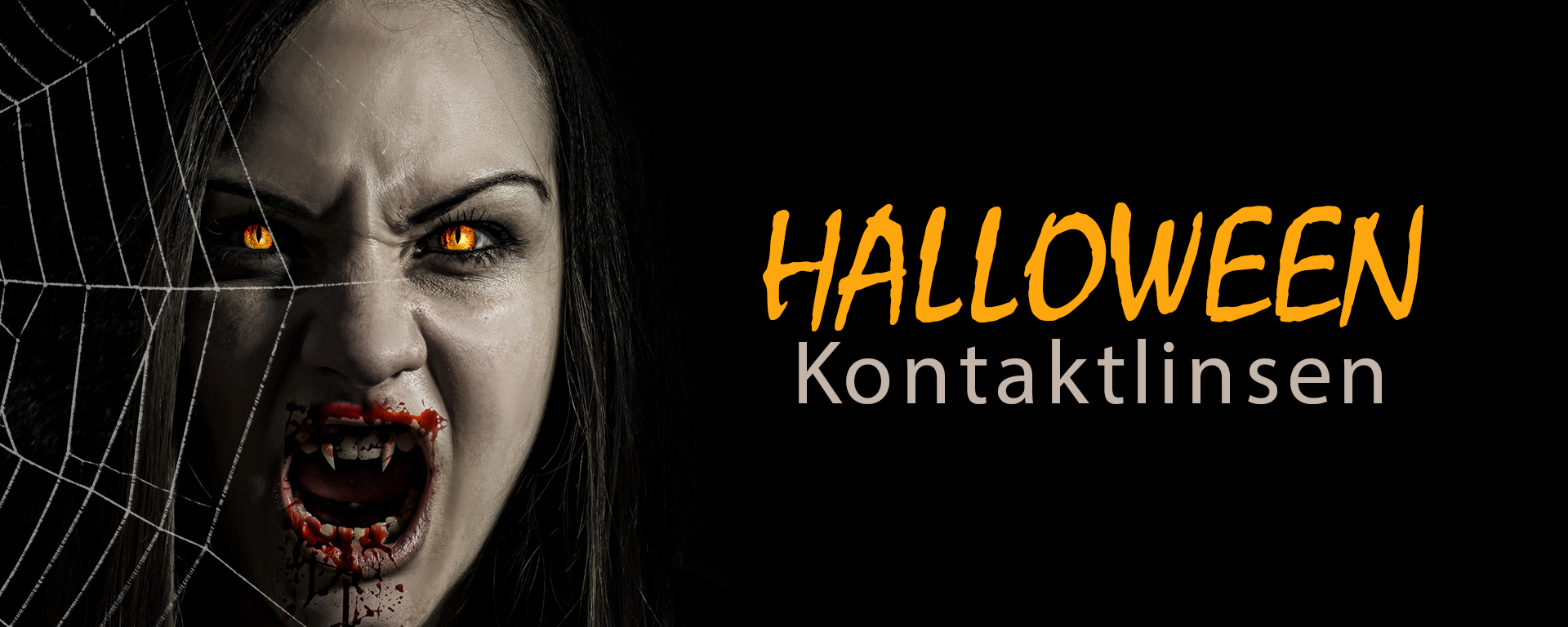 Das Foto zeigt einen Banner für Halloween mit einer Dämonin und der Aufschrift Halloween Kontaktlinsen